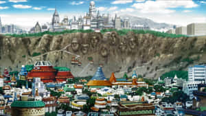 動漫城市，懸崖上有巨型面孔，藍天下有色彩繽紛的建築。 — 火影忍者 美學 壁紙