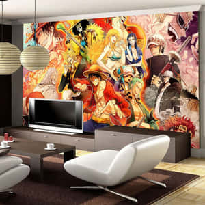 客廳配有動漫壁紙 featuring One Piece 角色和現代家具。 — 日本動漫 壁紙
