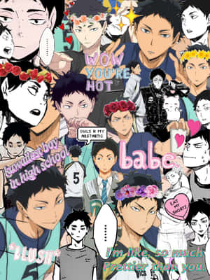 動漫男孩拼貼畫，帶有花冠和浪漫的文字疊加。 — Kindle 壁紙