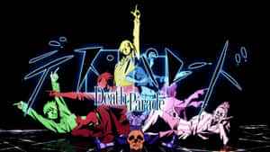 動漫角色以動態姿勢圍繞黑色背景上發光的 Death Parade 標題。 — 死亡遊行 壁紙