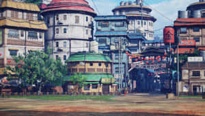 動漫風格的日本街道，色彩繽紛的建築物和紅色燈籠。 — 電玩遊戲 GIF 壁紙