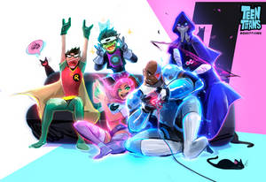 Teen Titans 超級英雄以色彩繽紛的姿勢，周圍有發光效果和貓咪。 — 傳說對決英雄 壁紙