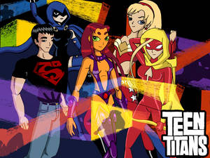 Teen Titans 超級英雄團隊以色彩繽紛的動畫風格呈現，具有鮮明的輪廓和生動的色彩。 — 傳說對決英雄 壁紙
