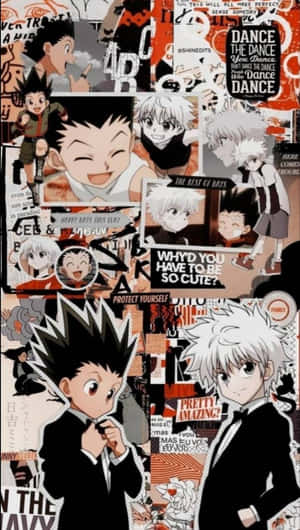 Hunter x Hunter 角色的動畫拼貼畫，帶有文字疊加和富有表現力的姿勢。 — 小傑與奇犽 壁紙