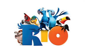 一群色彩繽紛的動畫鳥兒在 3D Rio 標誌字母上 — Off white 標誌 壁紙