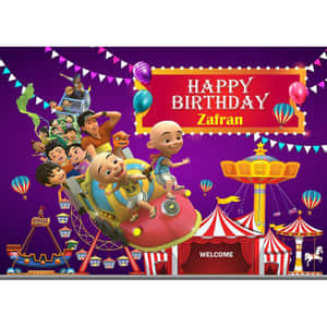 卡通人物在生日嘉年華中，有遊樂設施和氣球。 — Upin Ipin 壁紙