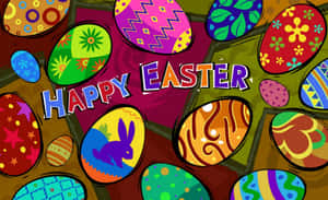 色彩繽紛的卡通復活蛋，帶有圖案和「Happy Easter」文字。 — 復活節快樂 壁紙