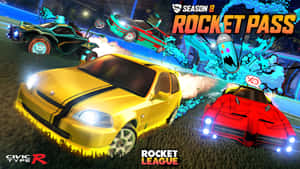 Rocket League 汽車在混亂的遊戲場景中飛過空中。 — 4K 火箭聯盟 壁紙