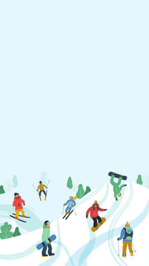滑雪者和單板滑雪者在有綠色樹木的雪山斜坡上享受樂趣。 — 冬季風景 壁紙