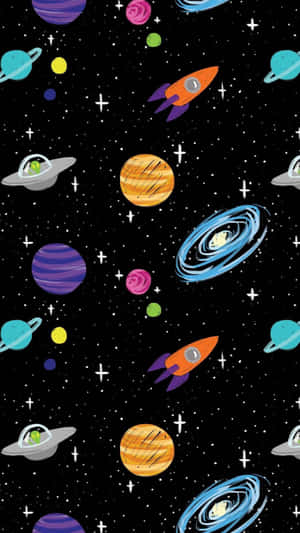 卡通火箭和行星漂浮在星空太空場景中。 — 月亮與星星 壁紙