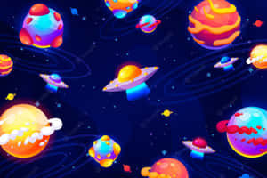 色彩繽紛的卡通行星和UFO漂浮在星光熠熠的太空場景中。 — 宇宙 壁紙