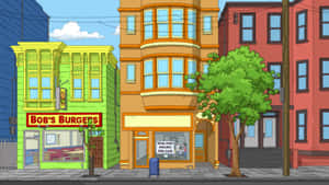 卡通街道，有 Bob's Burgers 餐廳和色彩繽紛的建築物。 — 美式卡通 壁紙