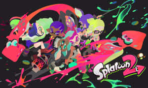 Splatoon 2 遊戲角色在色彩繽紛的墨水飛濺動作中。 — 快打旋風 壁紙