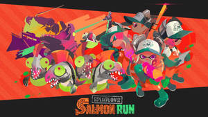 Splatoon 2 鮭魚跑角色使用油漆槍和怪魚進行動作。 — 斯普拉遁 壁紙