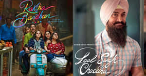 《Raksha Bandhan》和《Laal Singh Chaddha》的電影海報，展示家庭和戴頭巾的男子。 — 沙·魯克·罕 壁紙