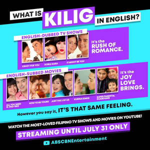 菲律賓電視節目和電影的宣傳圖形，包含微笑的情侶和關於「kilig」的文字。 — 黑色與藍色 壁紙