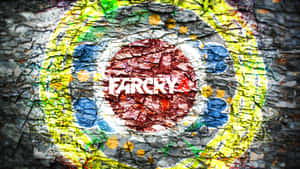 塗鴉藝術在裂縫混凝土上拼寫'FARCRY'，帶有彩色圓形圖案。 — 電玩遊戲 GIF 壁紙