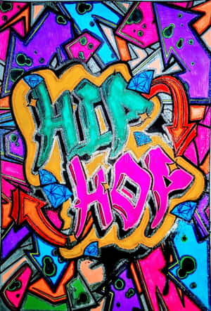 充滿活力的塗鴉藝術品，以風格化的字母呈現「HIP HOP」，周圍環繞著色彩繽紛的幾何形狀。 — 嘻哈 壁紙
