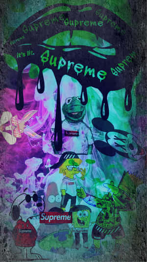 塗鴉壁畫，卡通人物穿著 Supreme 服裝，帶有滴落的霓虹顏料。 — 兔巴哥 壁紙