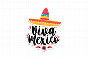 Viva Mexico 貼紙，帶有闊邊帽和花朵，背景為方格紙。 — 墨西哥 壁紙