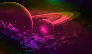 兩個帶有光環的發光行星，被宇宙碎片和彩色星雲環繞。 — 暗紫色美學 壁紙