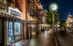 夜晚燈火通明的街道，有商店和一個大時鐘。 — 迪士尼樂園 壁紙