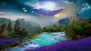一條神奇的河流在星空宇宙天空下蜿蜒穿過紫色花朵，伴隨著高聳的山脈。 — 奇幻島 壁紙