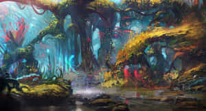神秘森林，發光植物和古樹倒映在溪流之上。 — 插畫 壁紙