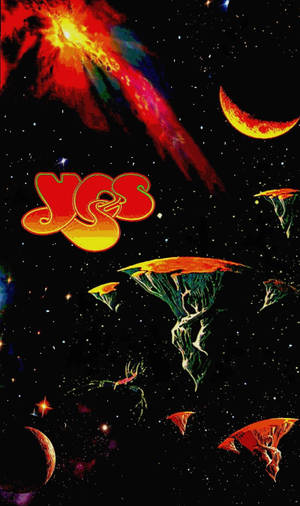 迷幻太空場景，發光的星雲和漂浮的外星結構，帶有樂隊YES標誌。 — 怪物奇兵 壁紙
