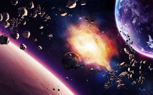深空中帶有行星、小行星和發光星雲的宇宙場景。 — 太空 壁紙
