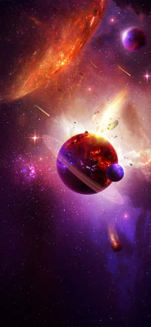 充滿活力的宇宙場景，發光的行星和恆星在深紫色和火橙色星雲中旋轉。 — 海灘 壁紙