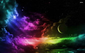 充滿活力的宇宙星雲，帶有旋轉的彩虹雲和一個發光的行星，背景是星空。 — 美學月亮 壁紙