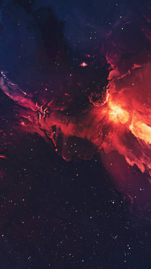 在無數星辰中，深空裡閃耀著火紅和紫色的星雲。