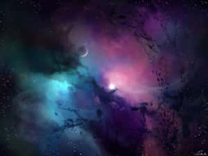 色彩繽紛的宇宙星雲，閃爍的星星和一彎新月在深空中。 — 宇宙美學 壁紙
