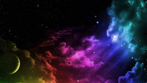 色彩繽紛的宇宙星雲，帶有星星和一個綠色星球。 — 月光 壁紙