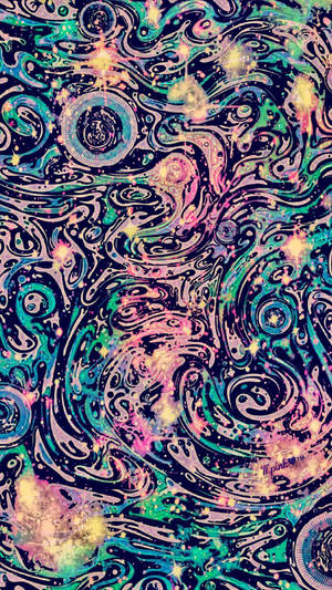 抽象宇宙漩渦圖案，帶有發光球體和青綠色、粉紅色和金色的複雜設計。 — 美學大理石 壁紙