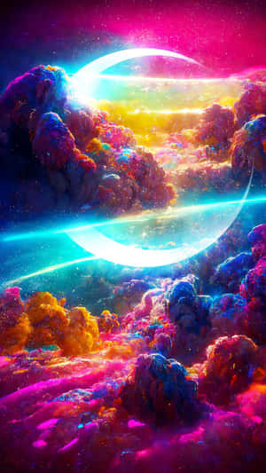 超現實的太空場景，帶有發光的霓虹雲和彎月。 — 美學天空 壁紙