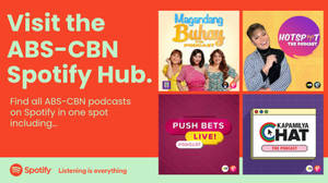 Spotify上的ABS-CBN播客推廣，展示節目縮圖和行動呼籲。 — 高清 壁紙