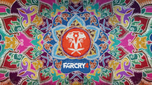Far Cry 4 遊戲標誌，採用色彩繽紛的曼陀羅設計，帶有大象頭。 — 電玩遊戲 GIF 壁紙