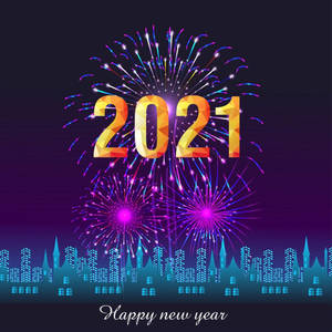 在發光的城市天際線上慶祝2021年新年的節日煙火表演。 — 新年快樂 2020 壁紙