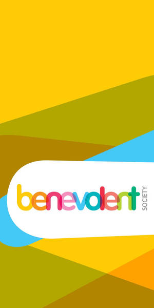 色彩繽紛的幾何背景，白色橢圓形內有 benevolent society 標誌。 — 品牌 壁紙