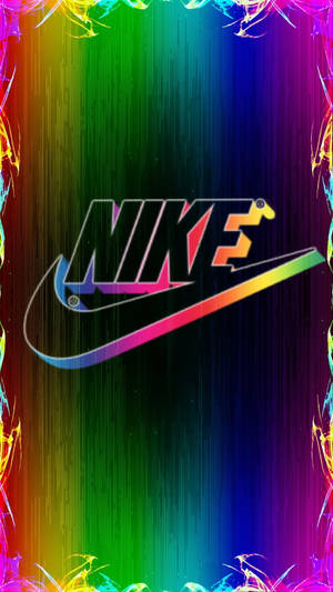 故障風格的Nike標誌在彩虹漸變背景上，帶有電光霓虹邊框。 — Nike iPhone 壁紙