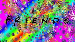 色彩繽紛的花卉圖案，帶有彩虹漸變和粗體文字 FRIENDS。 — 六人行 壁紙