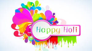 Happy Holi 祝福，粉紅色邊框標誌周圍有彩色油漆潑濺和滴落。 — 魯夫微笑 壁紙