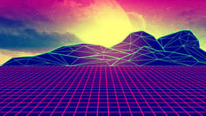 在數位網格地平線上，霓虹山脈在耀眼陽光下閃爍。 — 蒸氣波 壁紙