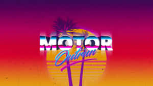 復古電子遊戲標題 MOTOR Outrun，帶有棕櫚樹和漸變日落背景。 — 洛米安傳奇 壁紙