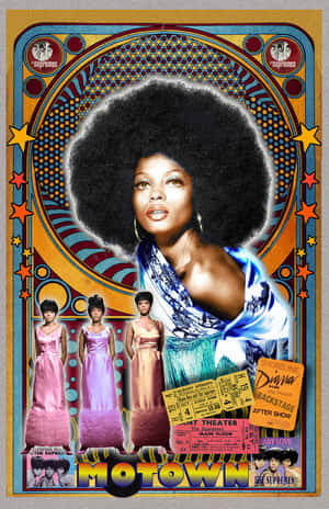 Diana Ross 演唱會海報，附有門票和樂隊照片，採用大膽的復古設計。 — 傲慢與偏見 壁紙