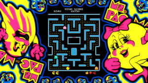 Ms Pacman 街機遊戲，有鬼魂和得分顯示，色彩鮮豔。 — 遊戲玩家標誌 壁紙