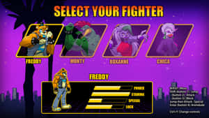 遊戲角色選擇畫面，Freddy、Monty、Roxanne 和 Chica 在紫色夜空下。 — 風景 壁紙