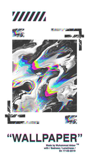 抽象數位藝術作品，具有旋轉的霓虹色彩和故障效果，並以幾何形狀框住。 — 白色 iPhone 壁紙